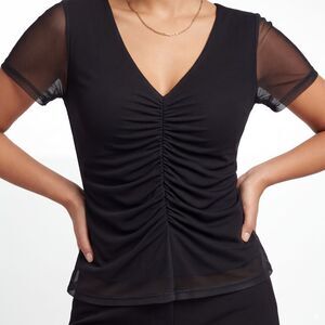 Ronen Chen Black Mesh Ruched V-Neck Short Sleeve Top Size 2 Made in Israel